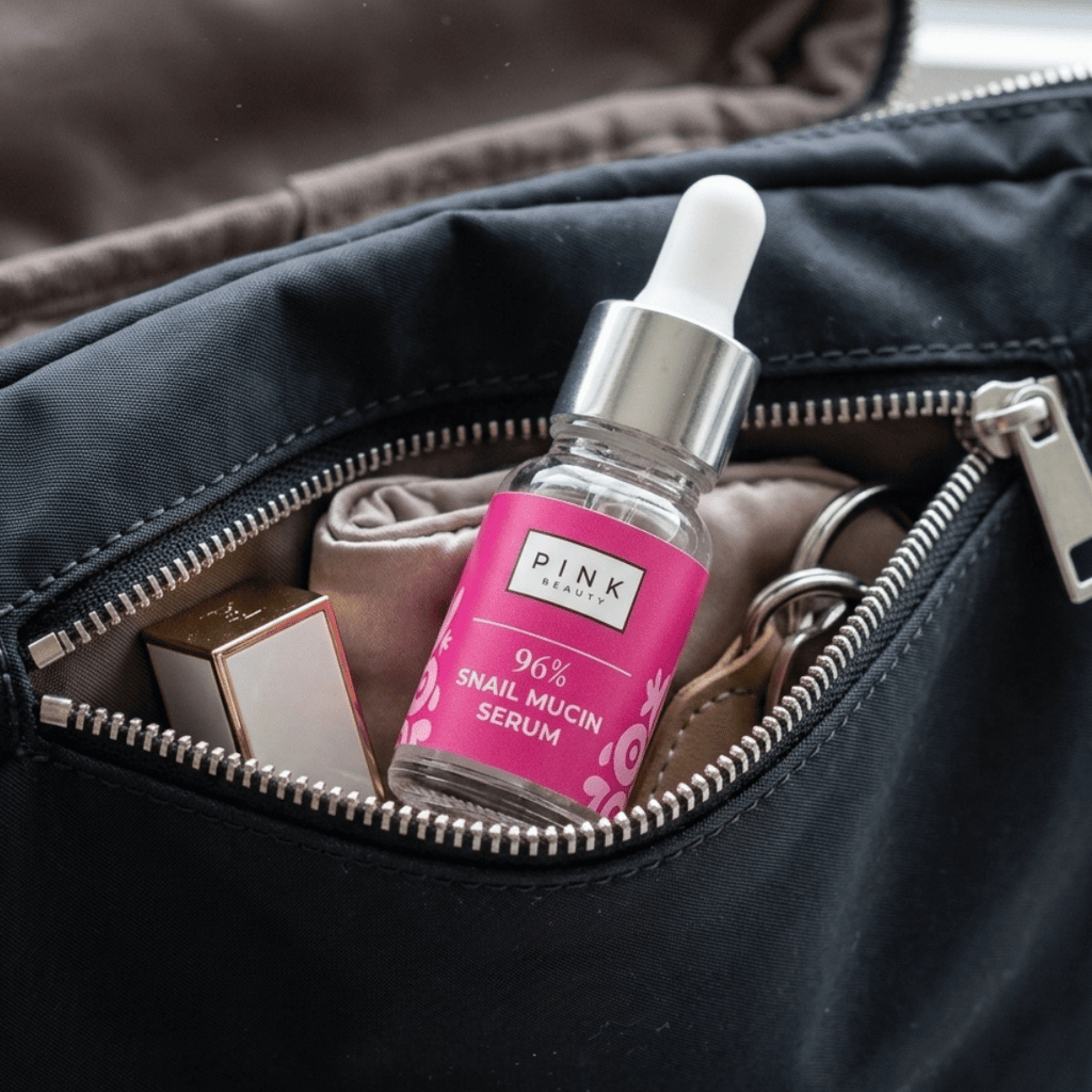 Pink snail mucin serum bottle with dropper in an open black bag.