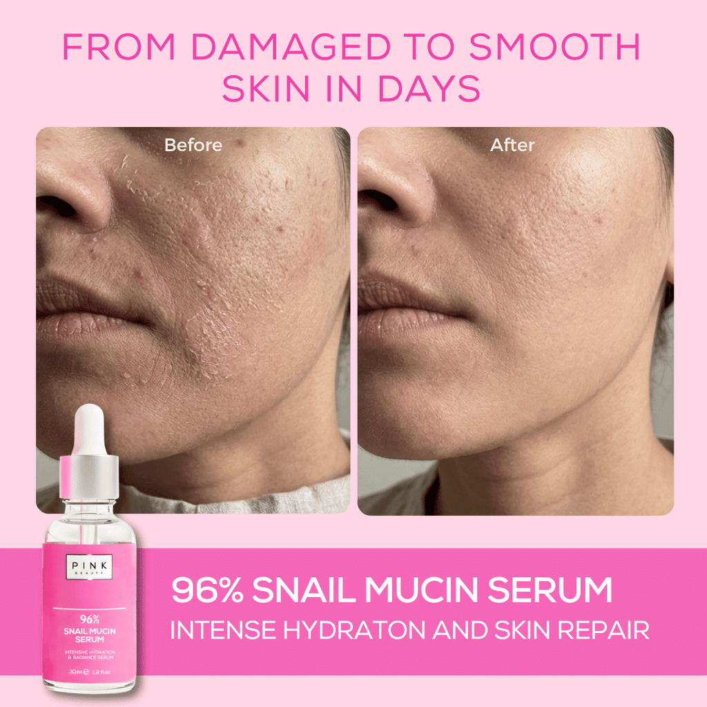 96 Snail Mucin serum for hydration and skin repair results by Pink Beauty