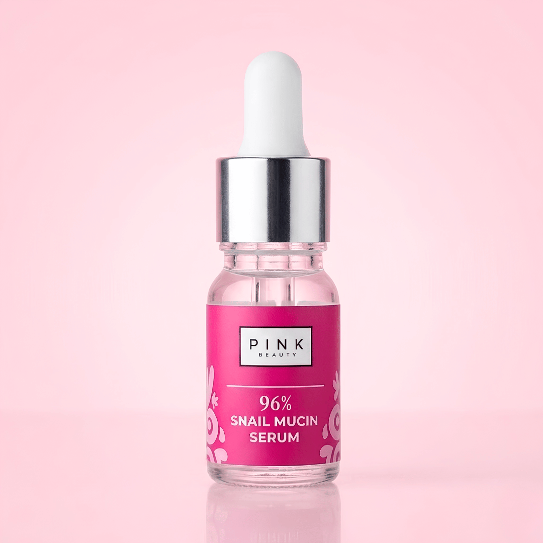 Pink Beauty 5ml 96% Snail mucin serum bottle with dropper on a pink background