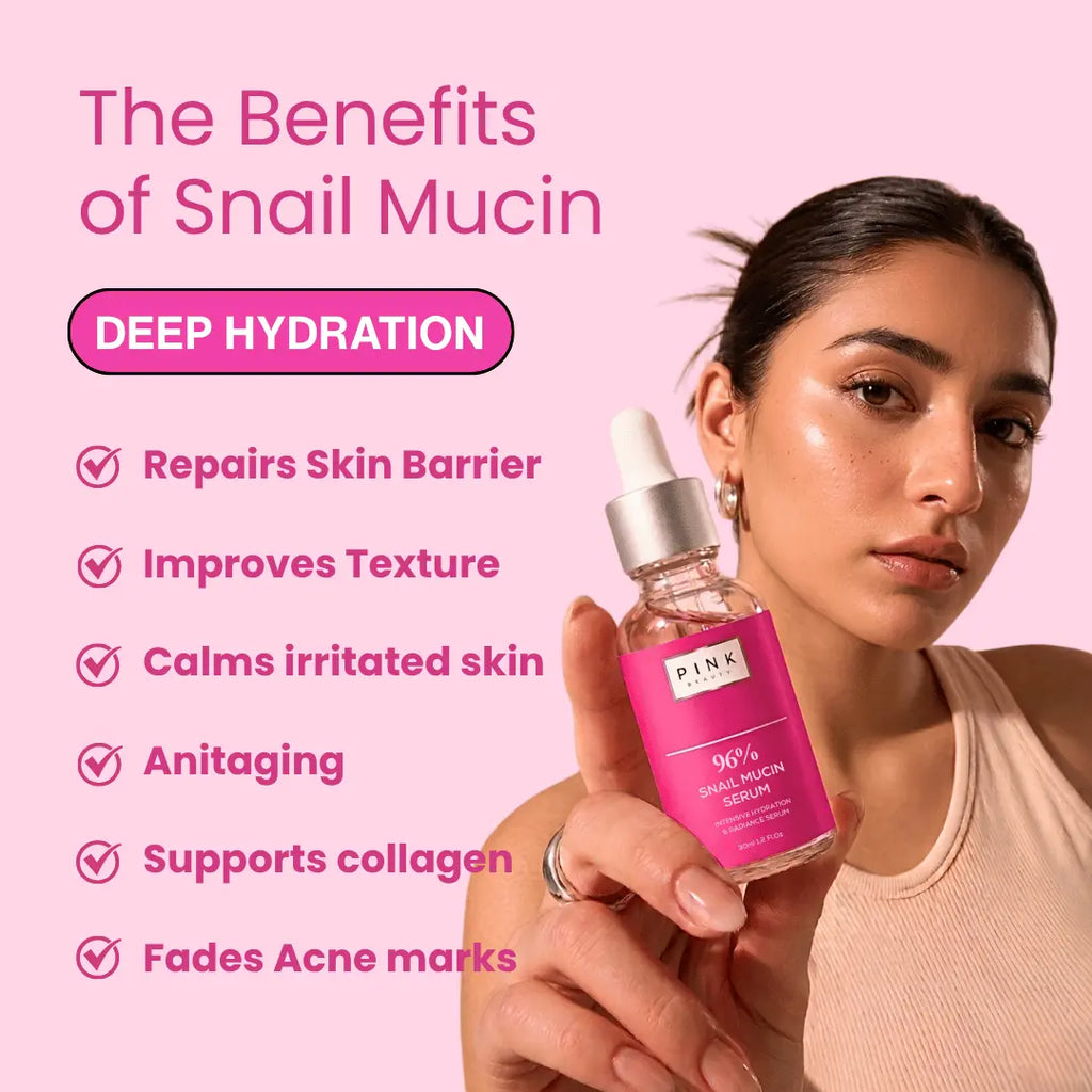 A woman holds a bottle of PINK Beauty 96% Snail Mucin Serum against a pink background with text detailing the benefits of snail mucin, including deep hydration and skin repair.