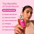 A woman holds a bottle of PINK Beauty 96% Snail Mucin Serum against a pink background with text detailing the benefits of snail mucin, including deep hydration and skin repair.