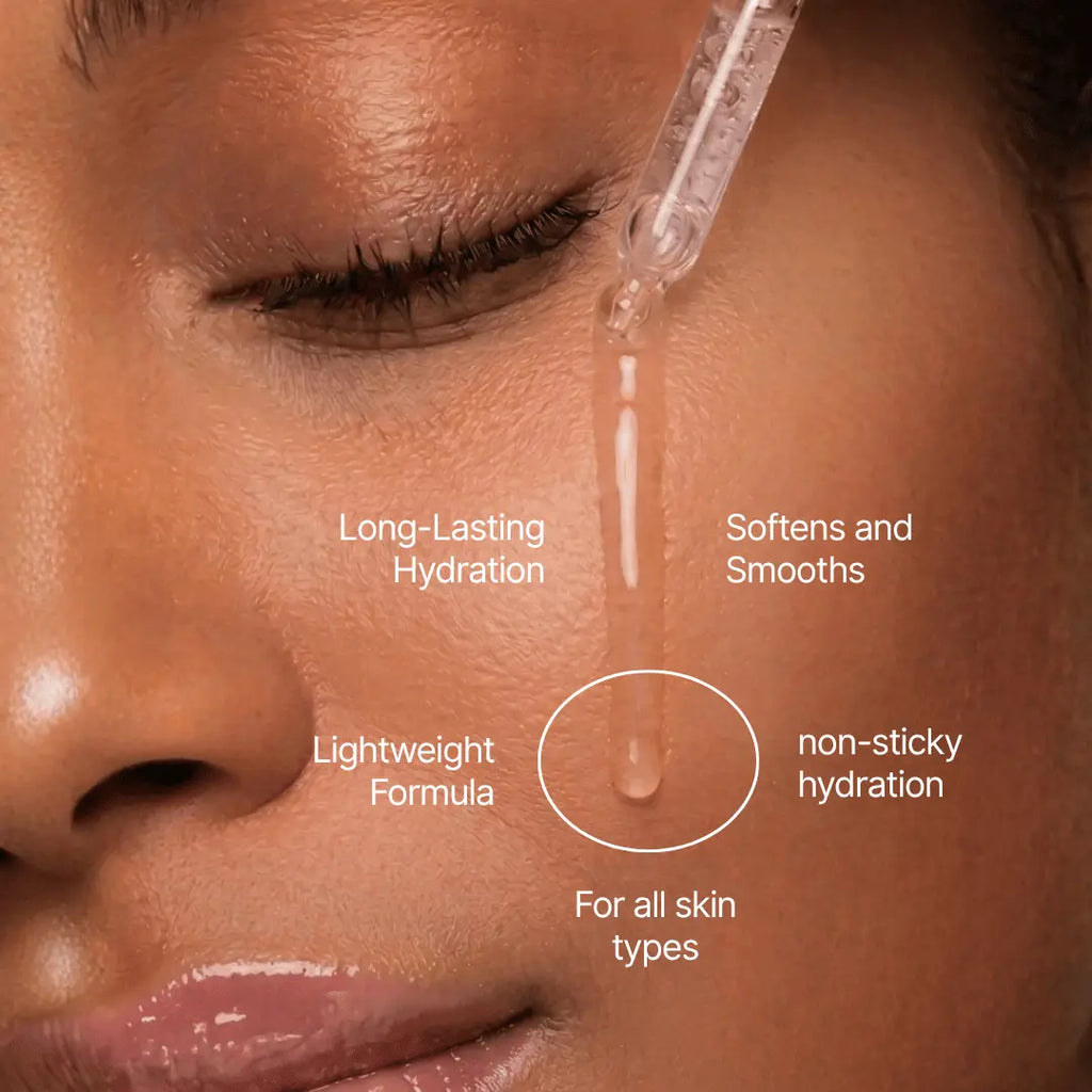Close-up of a person's face with a clear skincare dropper applying a transparent serum onto the cheek. White text labels describe product benefits: 'Long-Lasting Hydration,' 'Softens and Smooths,' 'Lightweight Formula,' 'non-sticky hydration,' and 'For all skin types. Benefits of 96% Snail mucin serum for hydration and skin repair by pink beauty