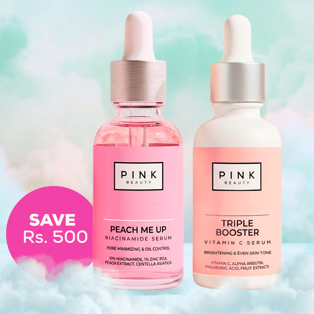 Two Pink Beauty skincare serum bottles on a soft pastel background with a pink promotional badge reading 'SAVE Rs. 500'.