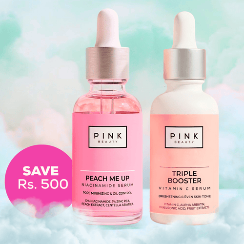 Two Pink Beauty skincare serum bottles on a soft pastel background with a pink promotional badge reading 'SAVE Rs. 500'.
