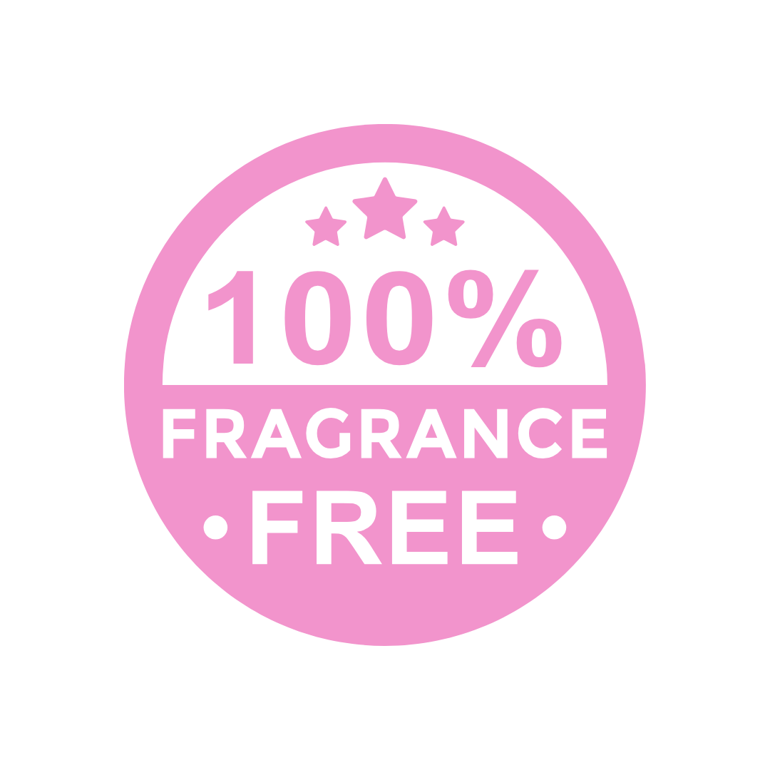 A pink circular badge on a white background with the text '100% FRAGRANCE FREE' and three stars at the top.