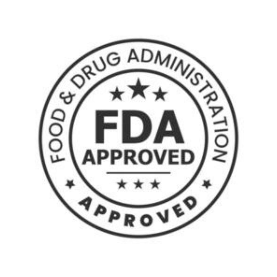 A circular black-and-white FDA Approved seal with the text 'FOOD & DRUG ADMINISTRATION' around the border and 'FDA APPROVED' in the center.
