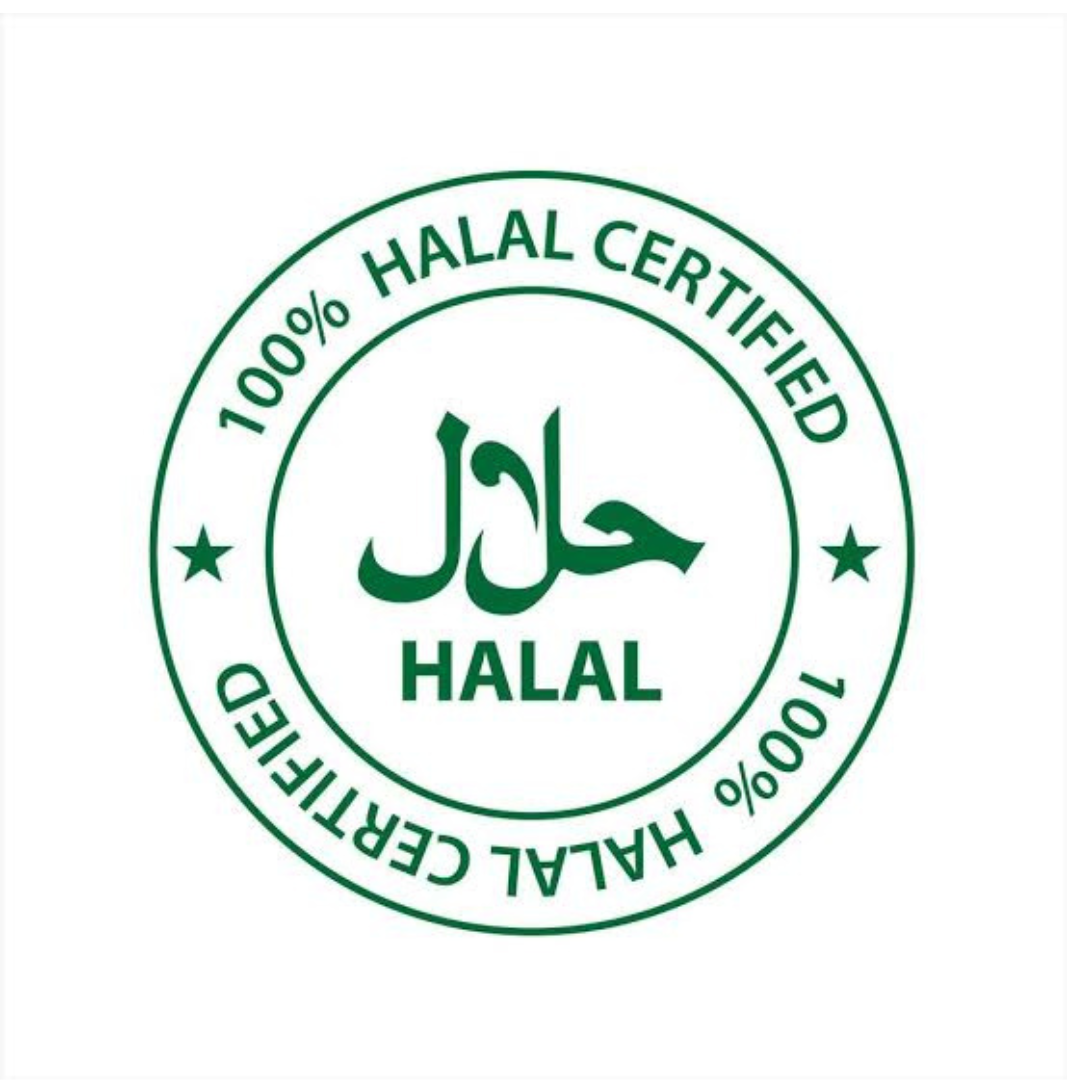 A green circular halal certification seal with Arabic calligraphy in the center, surrounded by the text '100% HALAL CERTIFIED' and '100% HALAL CERTIFIED' on a plain white background.