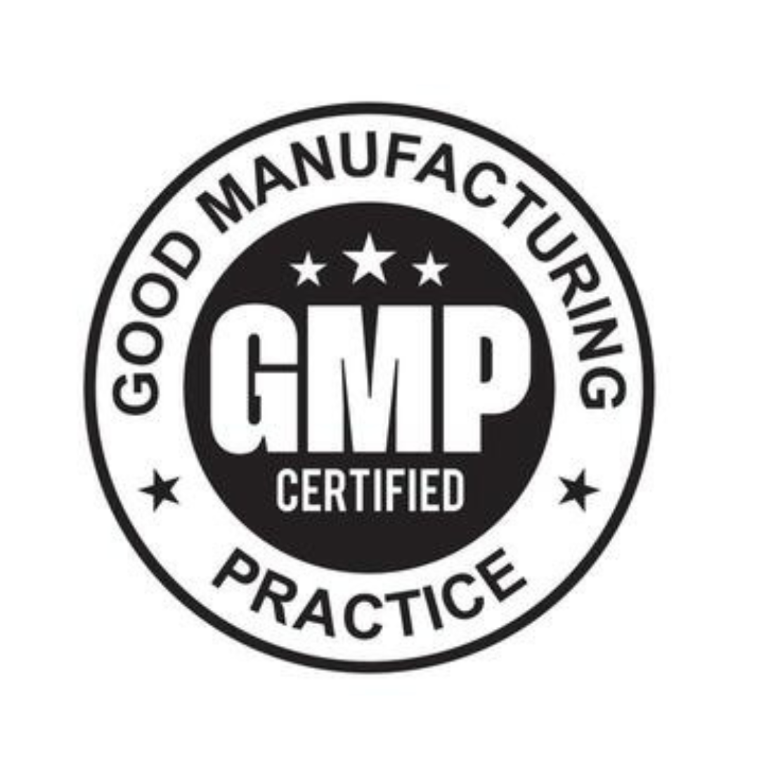 A circular black and white GMP Certified badge with the text 'GOOD MANUFACTURING PRACTICE' and 'GMP CERTIFIED' on a plain white background.