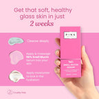 A hand holding a pink box of PINK Beauty 96% Snail Mucin Serum against a pink promotional background with text about skincare benefits and how to use 96% Snail mucin serum for hydration and skin repair