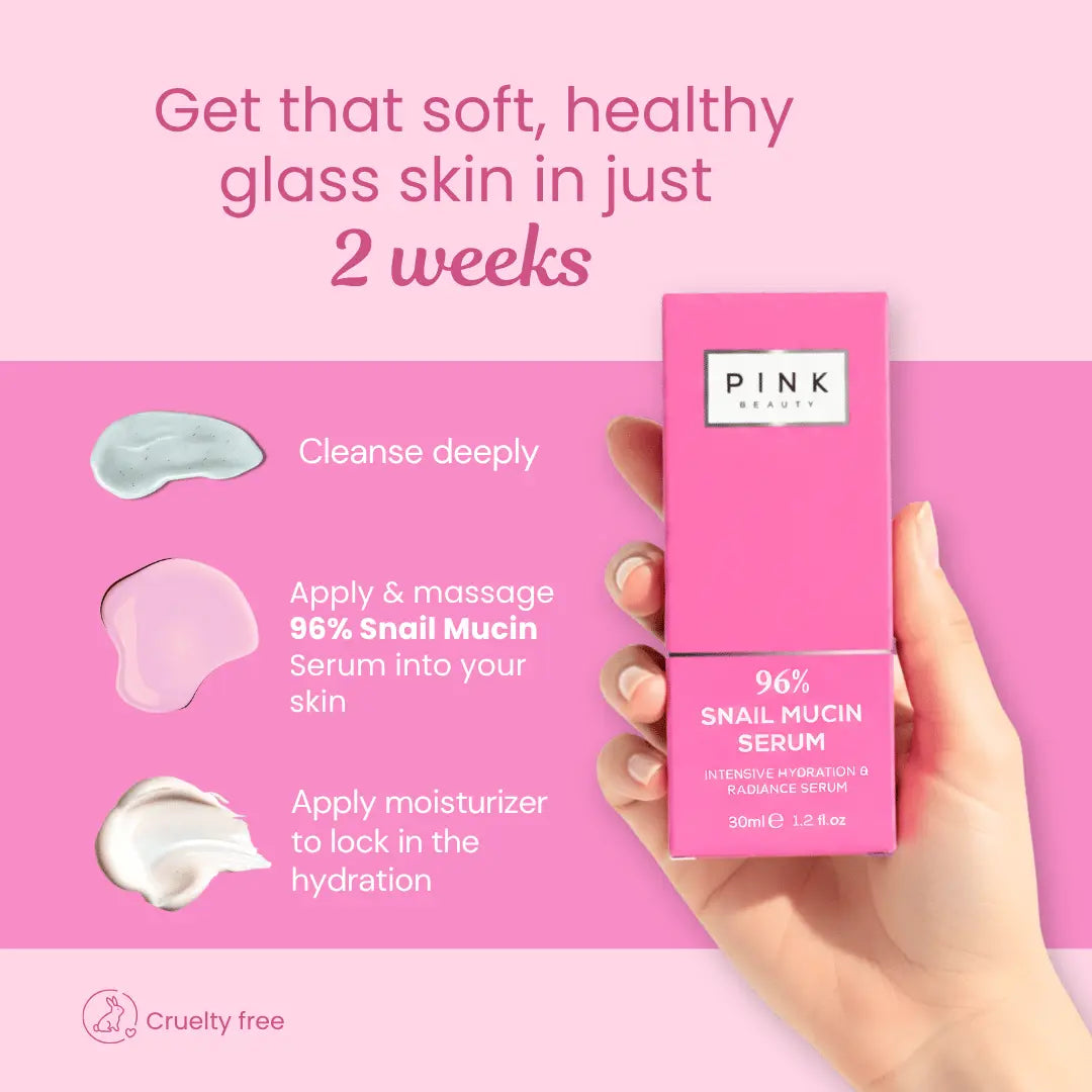 A hand holding a pink box of PINK Beauty 96% Snail Mucin Serum against a pink promotional background with text about skincare benefits and how to use 96% Snail mucin serum for hydration and skin repair