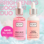 Pink Beauty Brightening Booster Bundle. Ultimate skin brightening serum duo with Vitamin C antioxidant serum and peach niacinamide serum formulated to diminish dark spots, reduce pore size, refine uneven skin texture, and fade post-acne scars.
