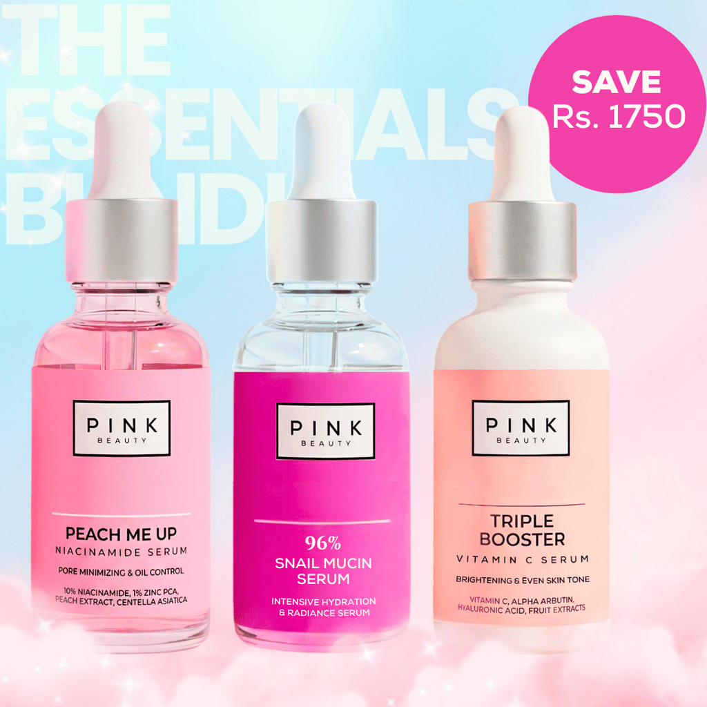 Pink Beauty essentials bundle. Complete 3-step glass skin routine bundle featuring 96% snail mucin serum, peach niacinamide serum, and Vitamin C serum for deep hydration, dark spot reduction, pore tightening, skin barrier repair, and radiant complexion
