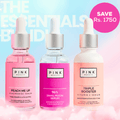 Pink Beauty essentials bundle. Complete 3-step glass skin routine bundle featuring 96% snail mucin serum, peach niacinamide serum, and Vitamin C serum for deep hydration, dark spot reduction, pore tightening, skin barrier repair, and radiant complexion