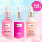 Pink Beauty essentials bundle. Complete 3-step glass skin routine bundle featuring 96% snail mucin serum, peach niacinamide serum, and Vitamin C serum for deep hydration, dark spot reduction, pore tightening, skin barrier repair, and radiant complexion