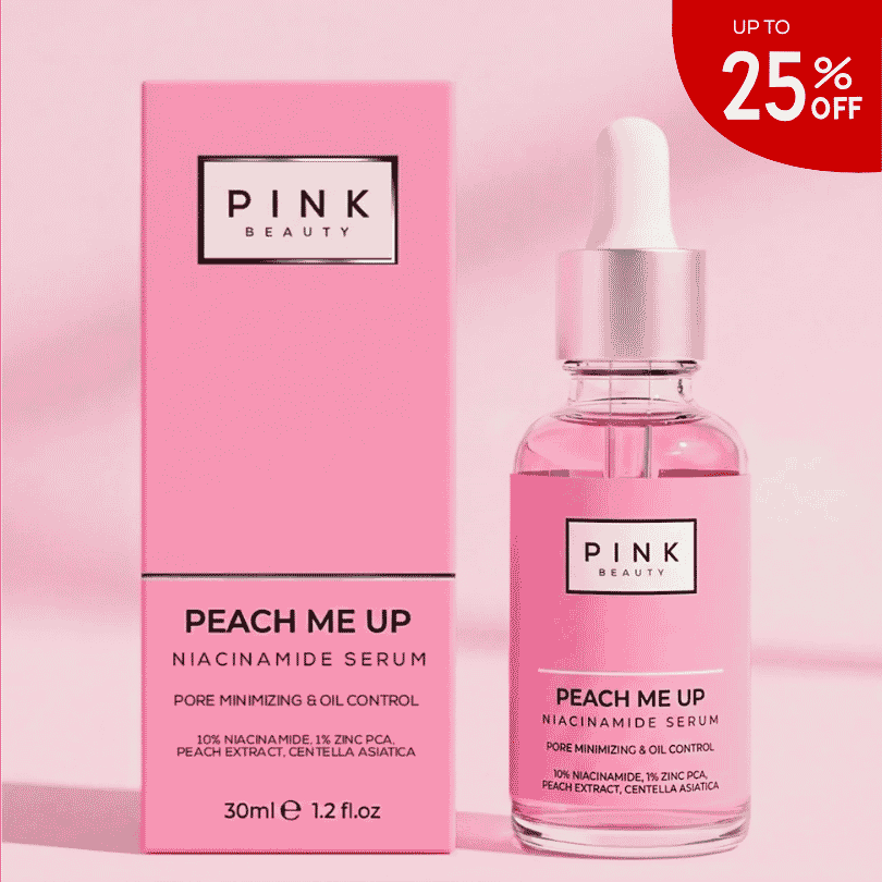 Pink Beauty peach me up peach niacinamide serum for dark spots oil control, pore minimizing. Pakistan's Best niacinamide serum. With 10% Niacinamide, real peach water, peach extracts, Centella Asiatica, 1% zinc