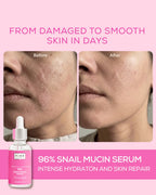 Before and after comparison of skin with a snail mucin serum on a pink background