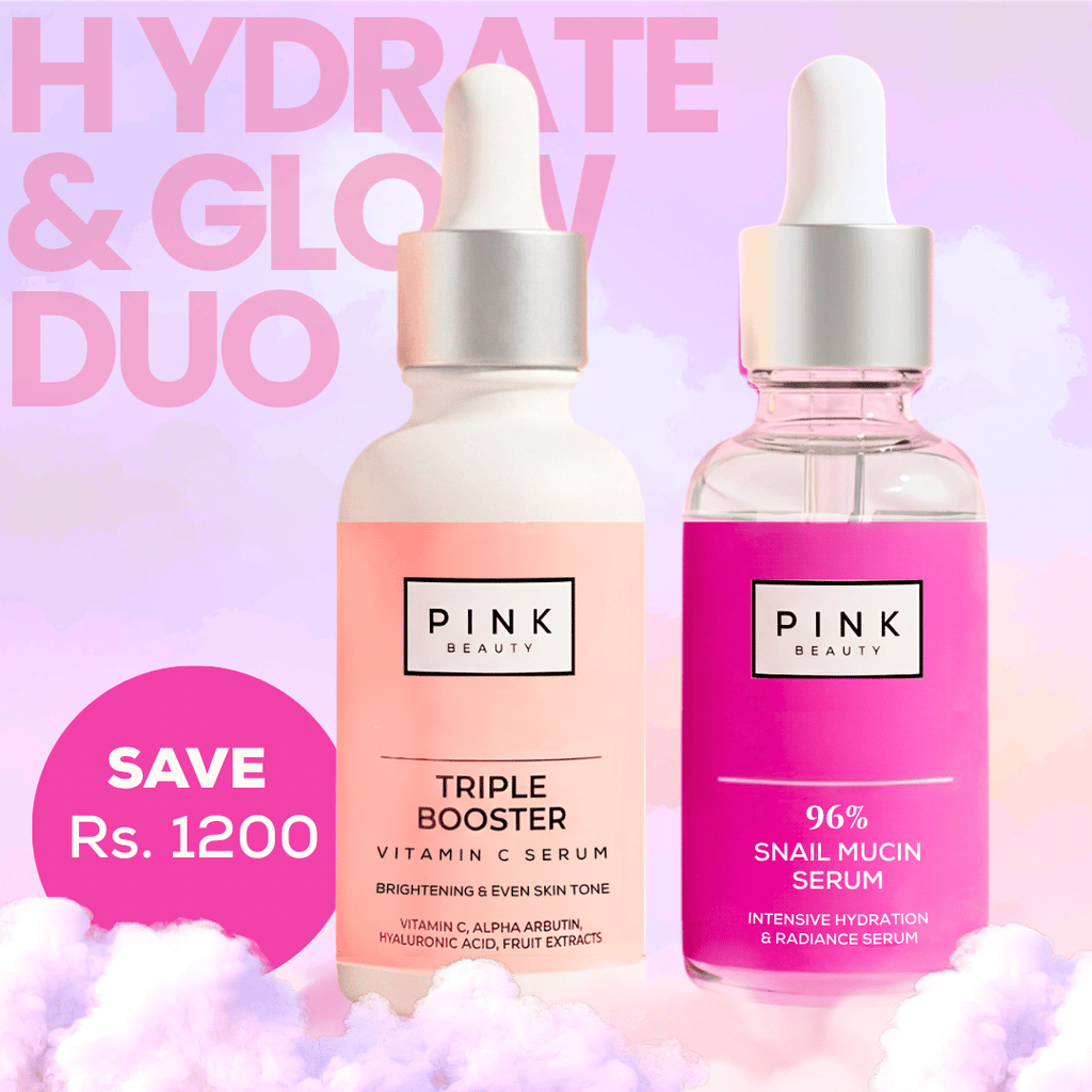 hydrate and glow bundle by pink beauty. Hydrating snail mucin serum and antioxidant triple booster Vitamin C brightening serum set to fade stubborn dark spots, boost collagen production, smooth fine lines, repair moisture barrier, and revive dull skin tone