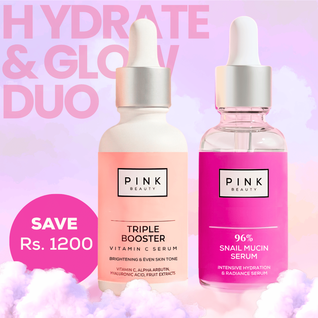 hydrate and glow bundle by pink beauty. Hydrating snail mucin serum and antioxidant triple booster Vitamin C brightening serum set to fade stubborn dark spots, boost collagen production, smooth fine lines, repair moisture barrier, and revive dull skin tone