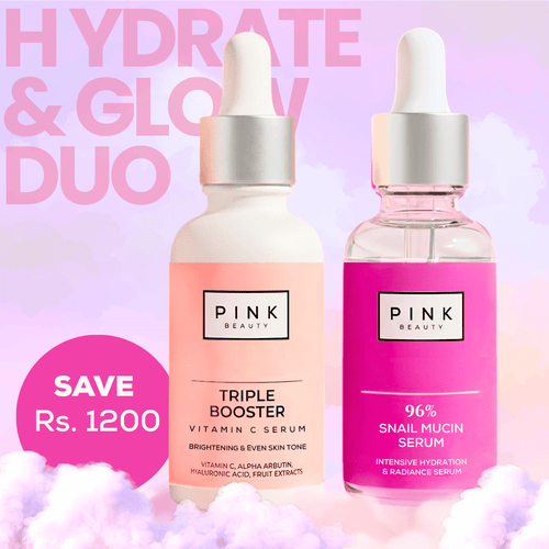 hydrate and glow bundle by pink beauty. Hydrating snail mucin serum and antioxidant triple booster Vitamin C brightening serum set to fade stubborn dark spots, boost collagen production, smooth fine lines, repair moisture barrier, and revive dull skin tone