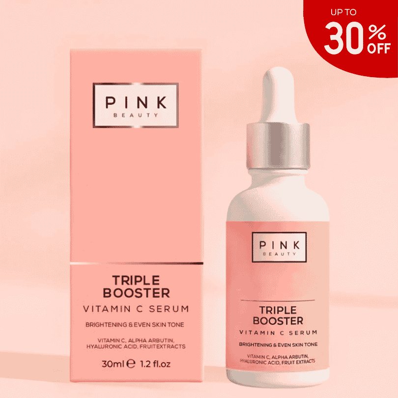 pink beauty triple booster vitamin C serum for brightening, even skin tone, hyperpigmentation, removes dark spots. best vitamin c serum in Pakistan. WINTER SALE