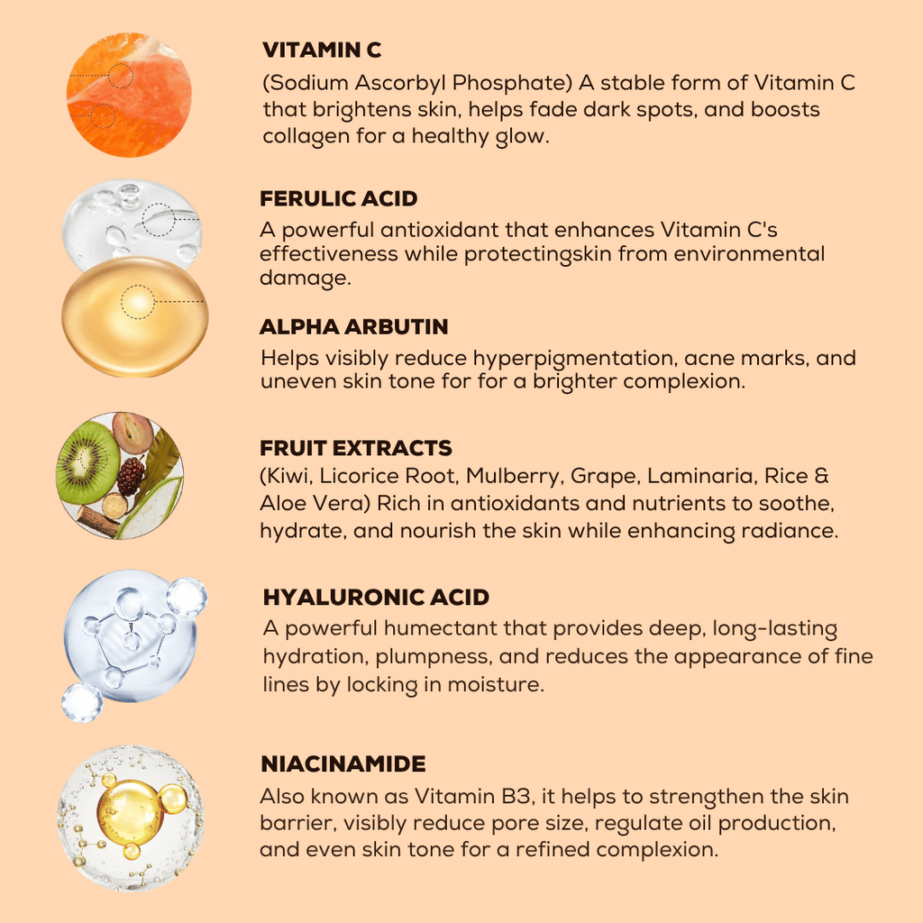An educational infographic detailing skincare ingredients, featuring circular illustrations of Vitamin C, Ferulic Acid, Alpha Arbutin, Fruit Extracts, Hyaluronic Acid, and Niacinamide on a peach-colored background with white text.