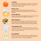 An educational infographic detailing skincare ingredients, featuring circular illustrations of Vitamin C, Ferulic Acid, Alpha Arbutin, Fruit Extracts, Hyaluronic Acid, and Niacinamide on a peach-colored background with white text.