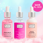 Three Pink Beauty skincare serum bottles in pink and peach tones with droppers, shown against a pastel blue and pink background with a pink 'SAVE Rs. 800' badge.