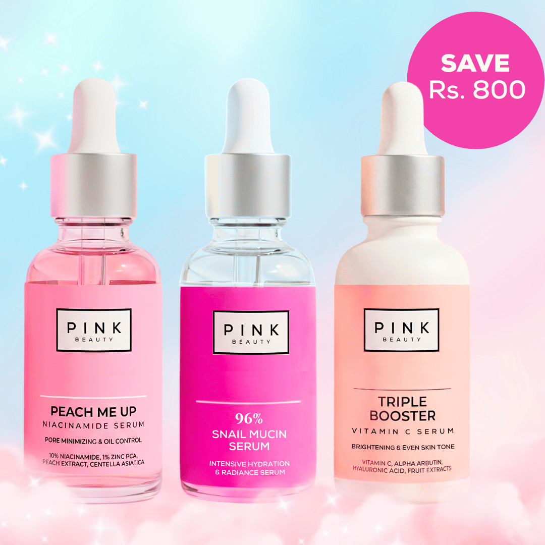 Three Pink Beauty skincare serum bottles in pink and peach tones with droppers, shown against a pastel blue and pink background with a pink 'SAVE Rs. 800' badge.